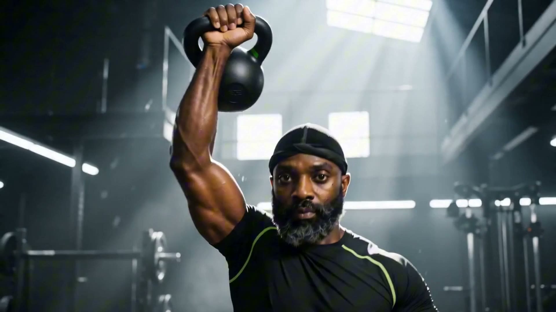 Coach Transformer driving through a kettlebell swing in a low-lit performance gym